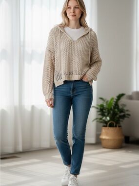 Maurices Open Crochet Hooded Top - Cream